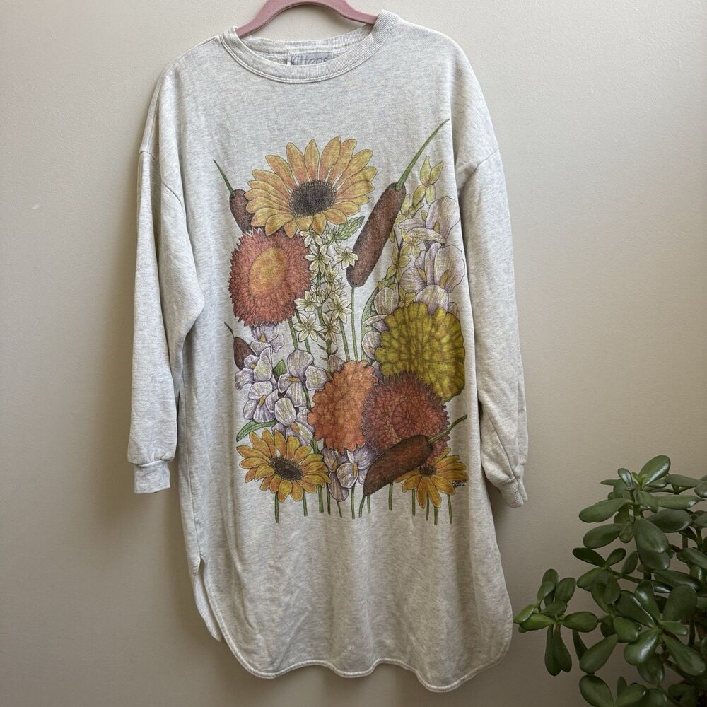 Vtg Sunflower Field Graphic Print Off White Sweatshirt Size L Fall Autumn Fun